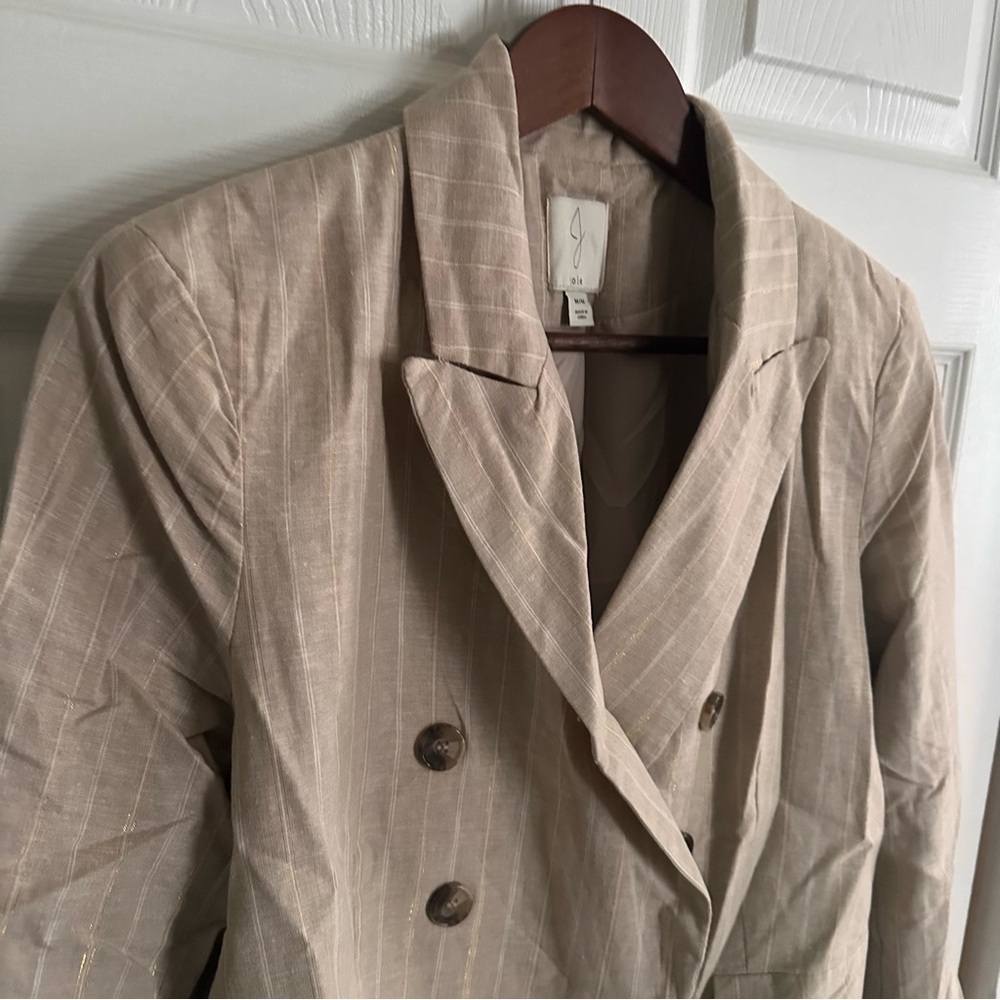 Joie Womens‎ Beige Gold Linen Cotton Lurex Pinstripe Double Breasted Blazer M - Picture 5 of 12